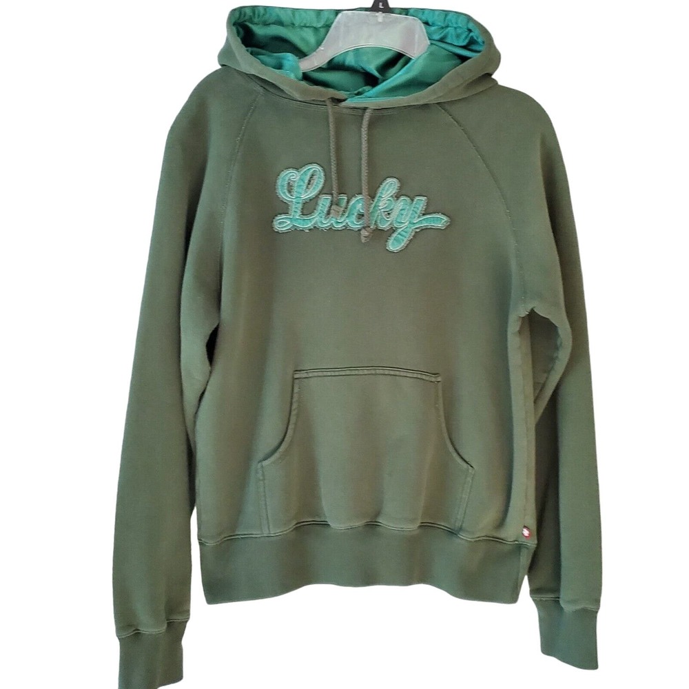 Y2K LUCKY Hoodie Brand Womens Size M Faded Green SPELLOUT Lucky Sweatshirt Satin